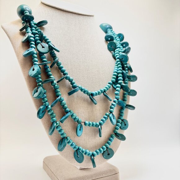 VTG Circle Disc & Round Coconut Wood Dyed Blue Triple Strand Necklace 30" Length - Picture 2 of 10